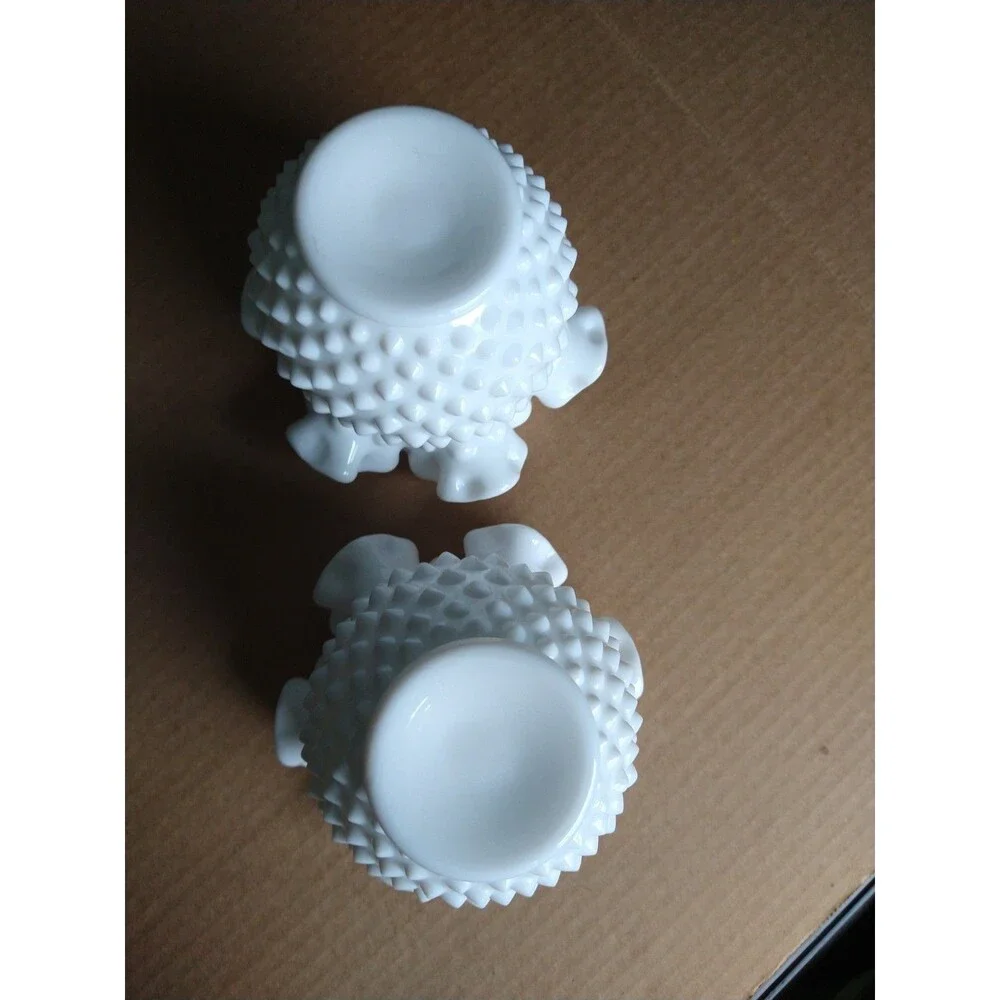 Set of 2 Fenton Milk Glass White Hobnail Ruffled Edge Small Bowl Vases Opaque
